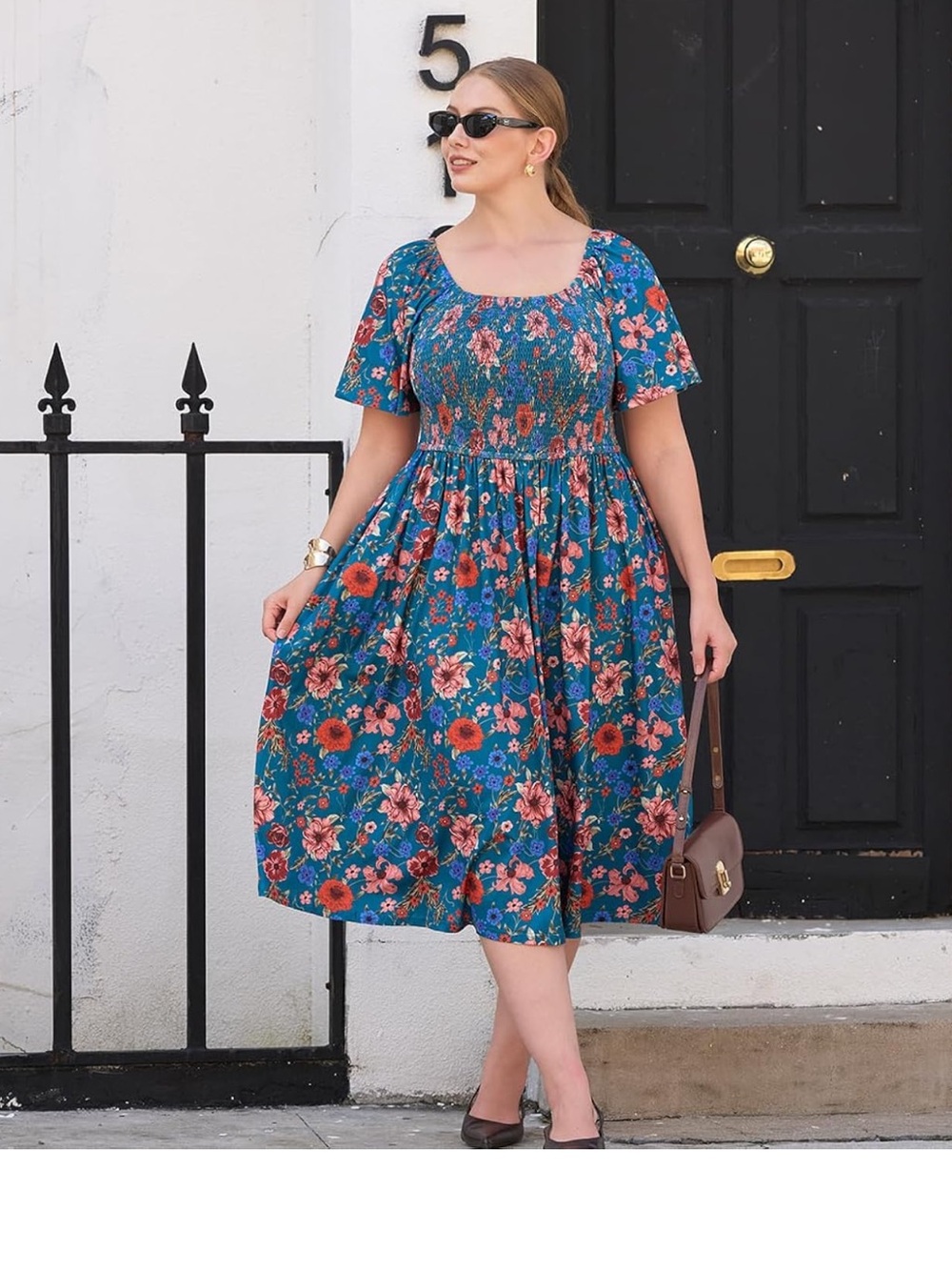 Amazon Teal Floral Smocked Midi Dress